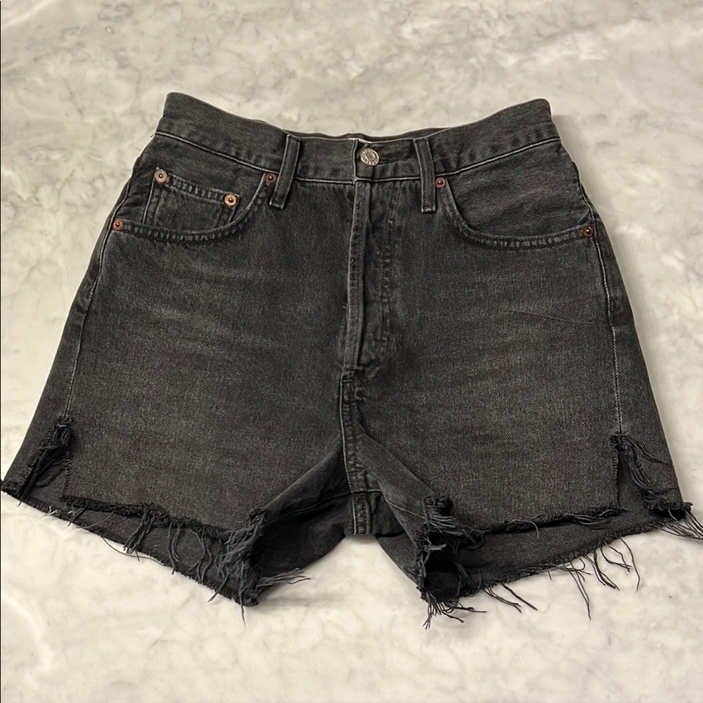 Agolde Dee. High waist Black Mid thigh Denim Shorts. Size 25.